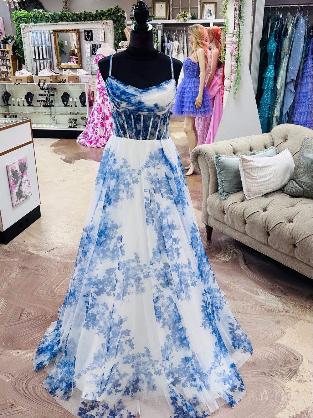 Alyce Paris Blue and White Floral Corset A-Line Gown